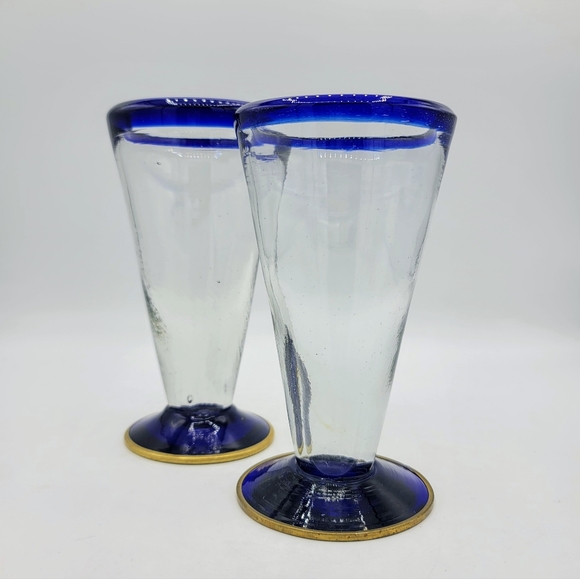 Artisan Other - Hand Blown Mexican Pilsner Glasses Set of 2 Blue Rim Bubble Beer Rustic Barware
